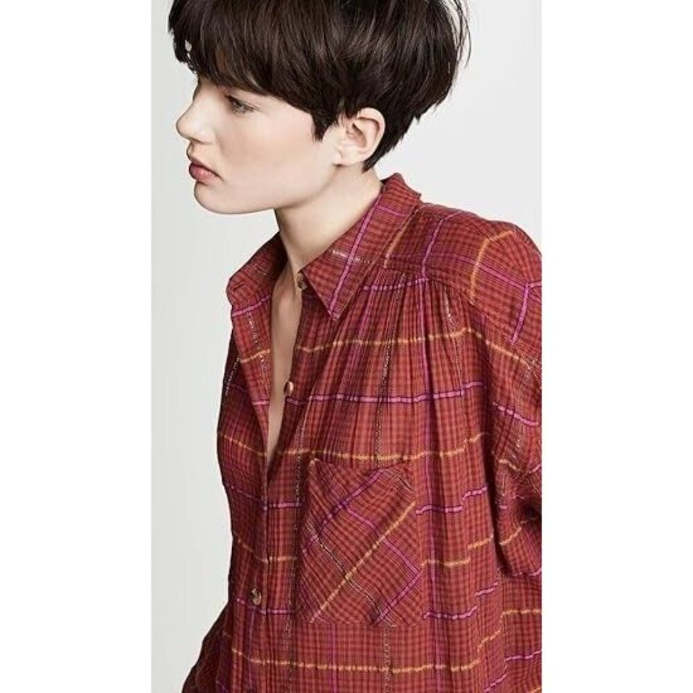 Free People Break Red / Orange Plaid My Stride Button Up /Down Long Sleeve Top S - Picture 6 of 11